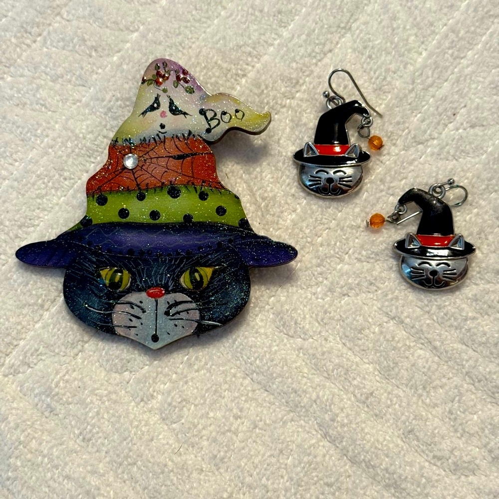 Halloween Cat Brooch and Witch Hat Earrings Set